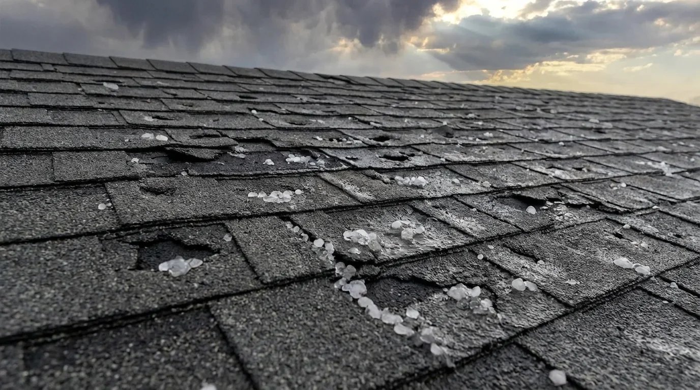 Close-up of hailstones and impact damage on asphalt shingles after a storm